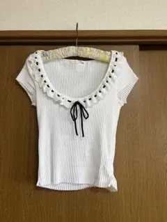 リブ編みホワイト半袖トップス