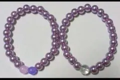 パープルガラスパールと天然石ピンクパープル翡翠ブレスレット2本セット オーラ水晶