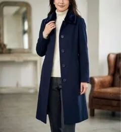 Y6035*ビースリー☆2WAY☆ベロア襟☆ウール混☆ロングコート☆ネイビー☆M