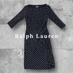 【Ralph Lauren】ワンピースドット柄膝丈七分袖ギャザー上品レディースS