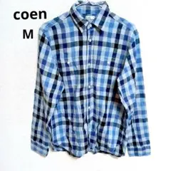coen チェック柄 長袖シャツ ブルー Mサイズ
