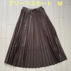 ブラウン プリーツスカート ウエストゴム　裏地付き　M ロングスカート　フレア