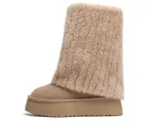 レディース ムートン風ショートブーツ 中筒 4.5cmヒール ミルクアプリコット