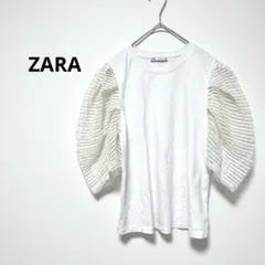 ザラZARA 袖シアー切替トップス ホワイト ボリューム袖 異素材 五分袖