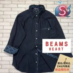 ■BEAMS HEART 七分袖 リネン混 ネイビー ボタニカル柄 シャツ