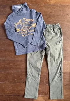 キッズ　男の子120　140グレーの長袖トップスとカーキパンツセット