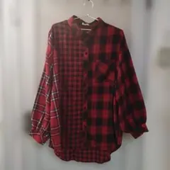 ✛Lsize・赤系チェック柄切替ビッグサイズネルシャツ✛
