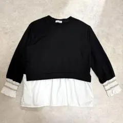 バイカラー 長袖　綺麗目トップス フリル袖 モードカジュアル ポリエステル混