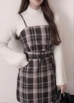 チェック柄キャミワンピース　ウエストベルト付き