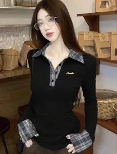 リブ編み ブラック チェック襟 長袖トップス M