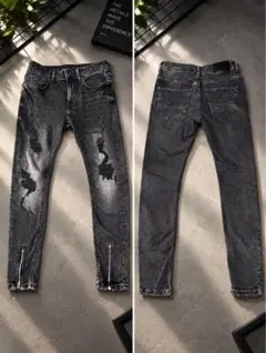 Bershka メンズ スキニーデニム ダメージ加工 ジップ付