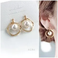415｜ ペンタゴン クリスタル パール ピアス イヤリング ゴールド シンプル