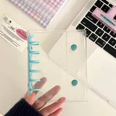 クリアバインダー A7サイズ ブルー 6穴 ダブルボタン シール帳　韓国