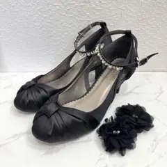 美品 axes femme リボンヒールパンプス フラワーコサージュ付き 黒 M