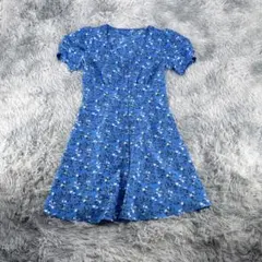 《GU》ジーユー　ミニワンピース　花柄　半袖　ブルー　ボタンフロント　フレア