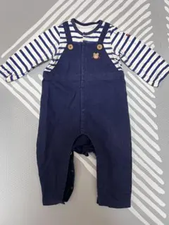 ミキハウス　ホットビスケッツ 80 ネイビー ストライプロンパース