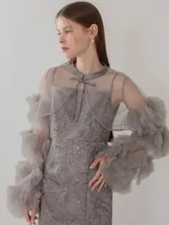 フリルチュールスリーブリボンIラインワンピースドレス結婚式二次会成人式パーティー