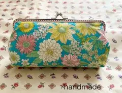 handmade 新品花柄がま口ポーチ 口金18㎝