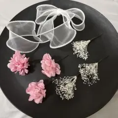 ドライフラワー結婚式成人式卒業式袴前撮り髪飾りホワイト×ピンク×リボン205