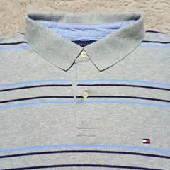 トミーヒルフィガー　メンズ半袖ポロシャツ　グレー　ボーダー US古着　XXL