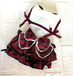 犬服、ハンドメイド犬服 セーラカラー 白と赤のチェックドレス