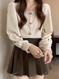 アイボリー リブ編み バルーンスリーブ トップスブラウス