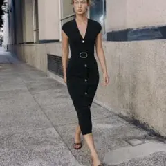 zara ストレッチベルト付きミディ丈ワンピース