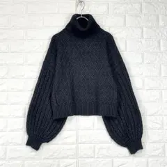 ザラ【S】グレー系 ケーブル編みセーター 厚手 ショート丈 タートルネック