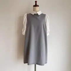 切替 ワンピース ブラウス ジャンパースカート 千鳥柄 パフスリーブ M 白黒