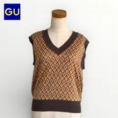 GU✨️柄ニットベスト Vネック レイヤード ブラウン系