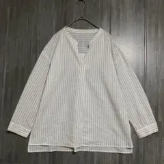 ナチュラルビューティーベーシック　ストライプ スキッパーブラウス　白　L