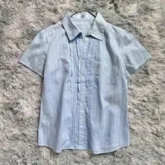 【J.PRESS】 フリルシャツ 半袖 Mサイズ ライトブルー ストライプ