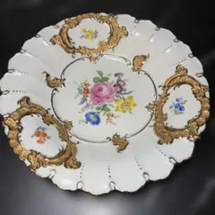 古マイセン】フルコバルト 金彩皿 「ブーケと昆虫／センターに三つの窓