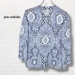 ジュンアシダ☆ノーカラージャケット ペイズリー 総柄 【L相当】ブルー系 レトロ
