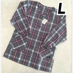 レディース 割烹着 エプロン 前開き チェック グレー ネコ柄 L