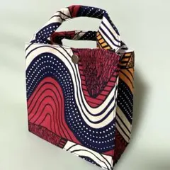 アフリカ布　トート　エコバッグ　キューブ型　ミニ　ハード芯利用　ポケット有り