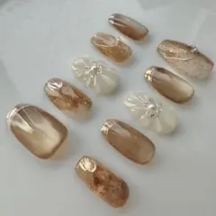 ネイルチップ　冬ニュアンス　ブラウン　フラワーネイル　マグネットネイル