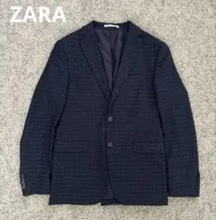 ZARA ネイビー チェック柄 テーラードジャケット 48