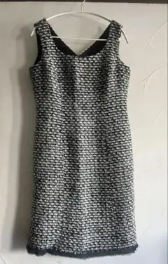 22OCTOBRE ノースリーブ 膝丈ワンピース 黒白ツイード 44大きいサイズ