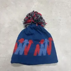 青いニット帽 ポンポン付き ニット帽　帽子　ビーニー　古着　デザイン帽子