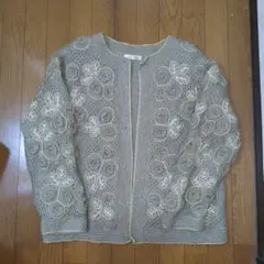 花柄　刺繍 　3D　立体　グレー ニット　カーディガン　金縁　モヘア　混