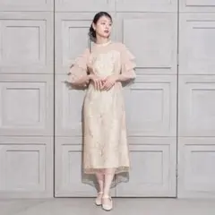 metoi ティアードスリーブ刺繍パーティードレス フォーマル イエロー M