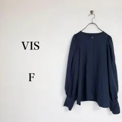 VIS（F）タックスリーブノーカラーブラウス　ネイビー　ボリューム袖　長袖　上品のサムネイル