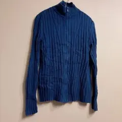 ブルー リブニット ジップアップ セーター 長袖 トップス 海外古着