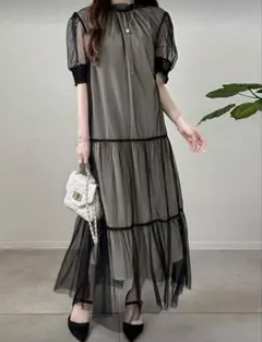 試着のみ ブラック チュールリボン付き ロングワンピース 結婚式 Mサイズ