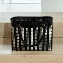 【美品】かごバッグ ストライプ レディース 婦人 白 黒 編み込み