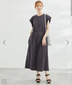 撥水加工/ドロストデザインワンピース　チャコールグレー