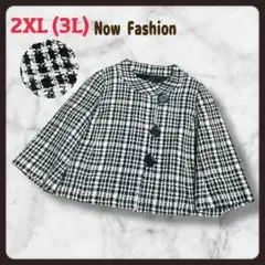 2XL ノーカラー ツイードジャケット 3L 黒 白 ゆったり フレア 9分袖