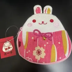 和柄ちりめんポーチ うさぎ ピンク