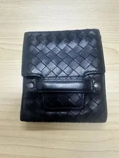 BOTTEGA BENETAブラックレザー編み込み二つ折り財布